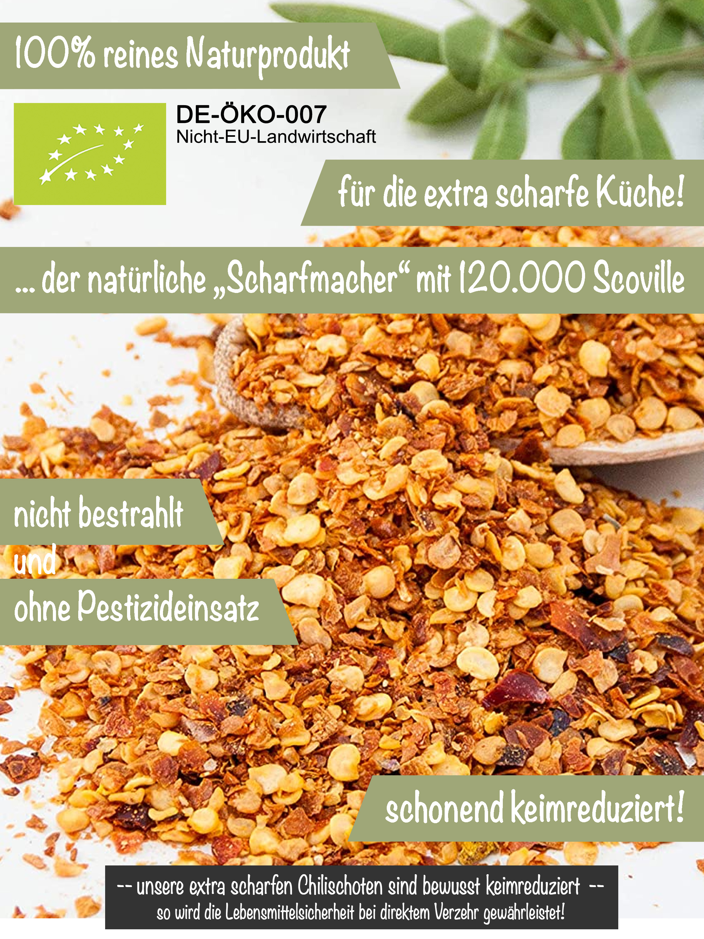 Bio Chili extra scharf - geschrotet, 120.000 SCU