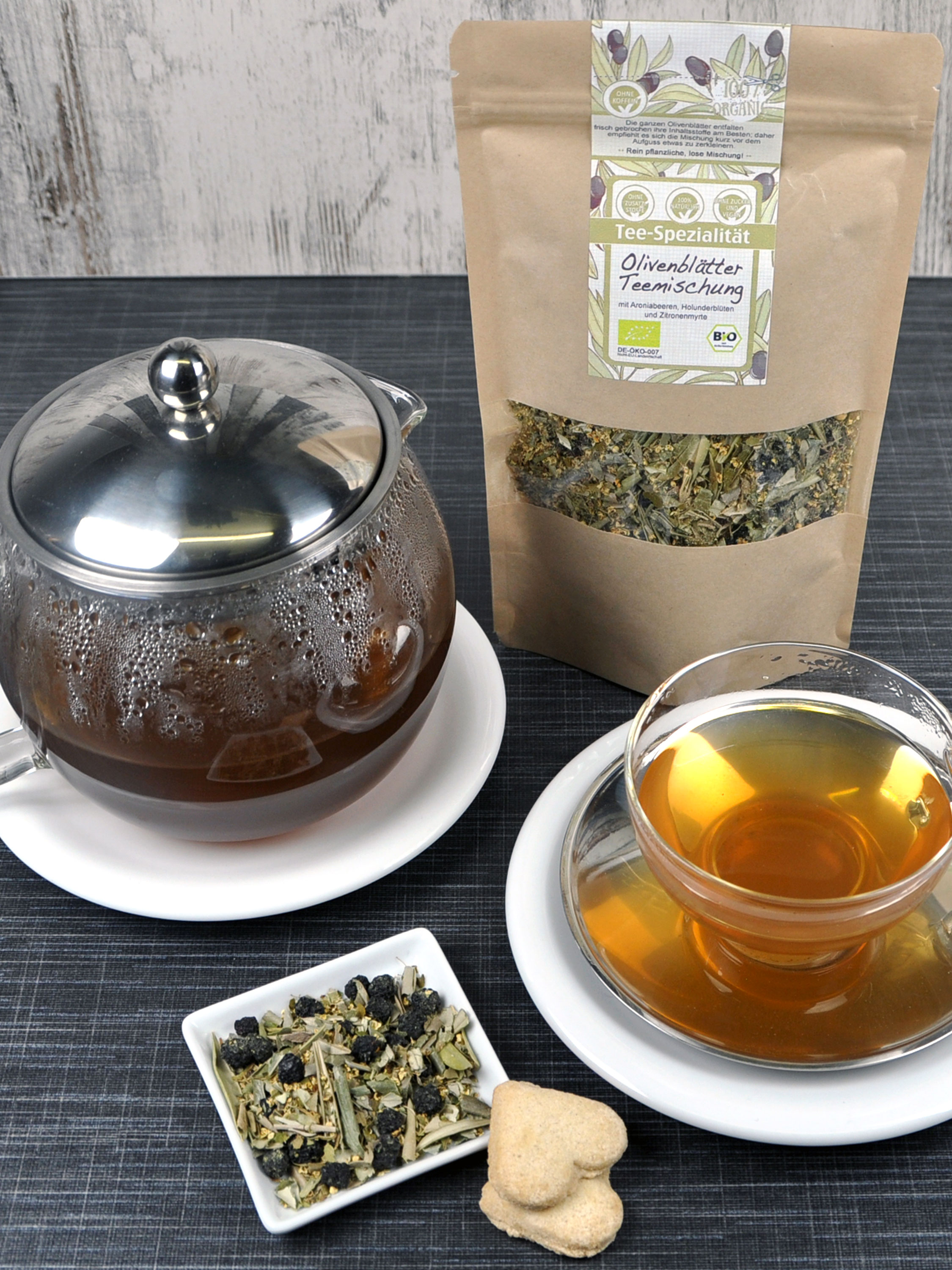 Bio Olivenblätter-Teemischung mit Holunderblüten, Zitronenmyrte, Aroniabeeren