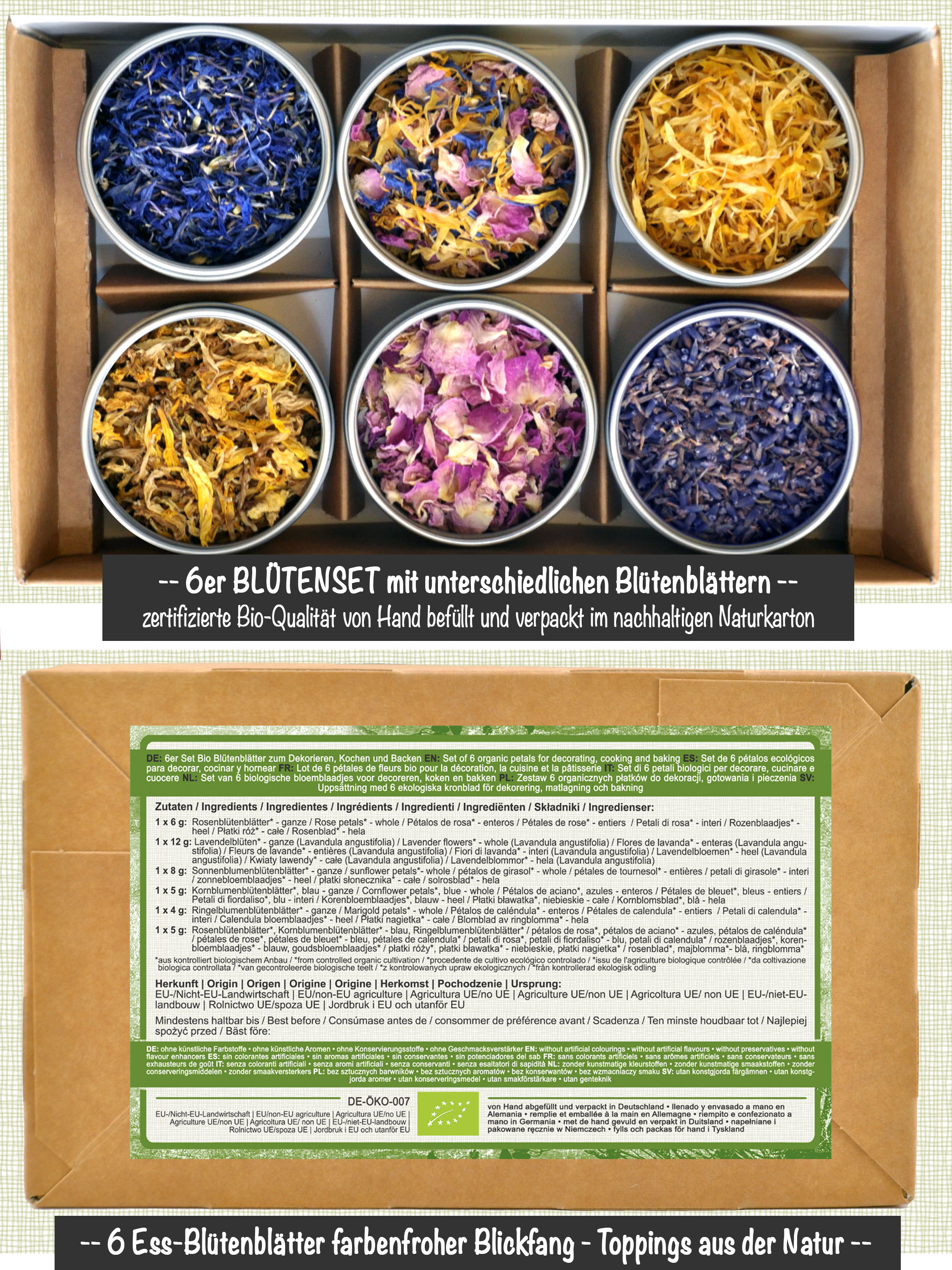 Blütenblätterreigen - Bio Geschenkset mit 6 verschiedenen Bio Blütenblätter
