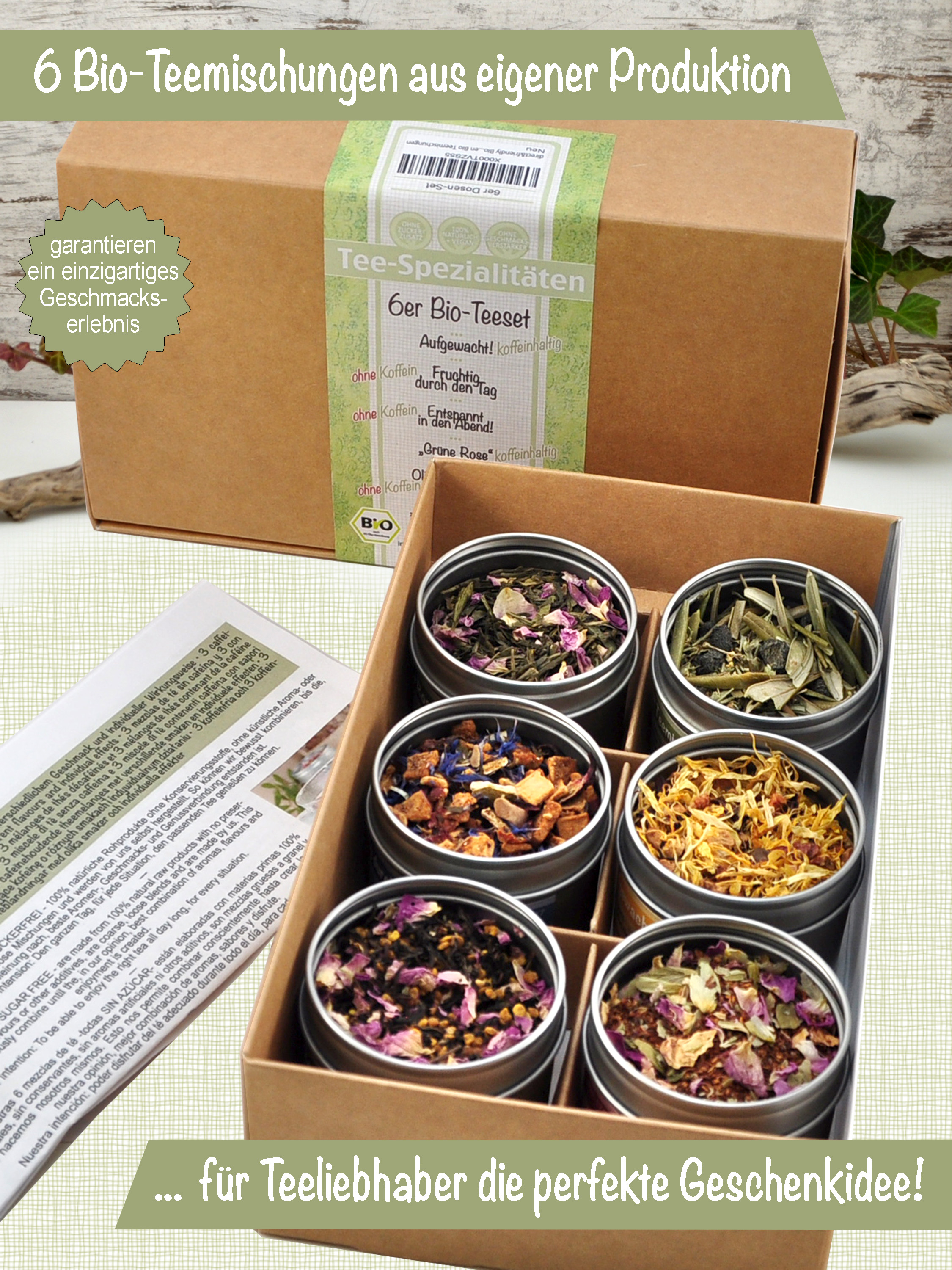 6er Bio Tee-Geschenkbox - für große Teeliebhaber mit 6 verschiedenen Teesorten
